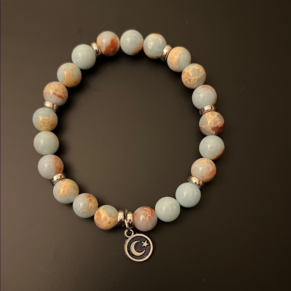 Hand Crafted Blue and Brown Beaded Bracelet with Silver Moon Charm - Picture 2 of 4